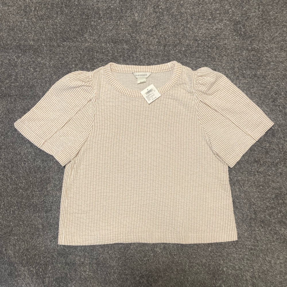 NWT Club Monaco Textured Stripe Tee Women Lapped Short Sleeve Medium White/Beige